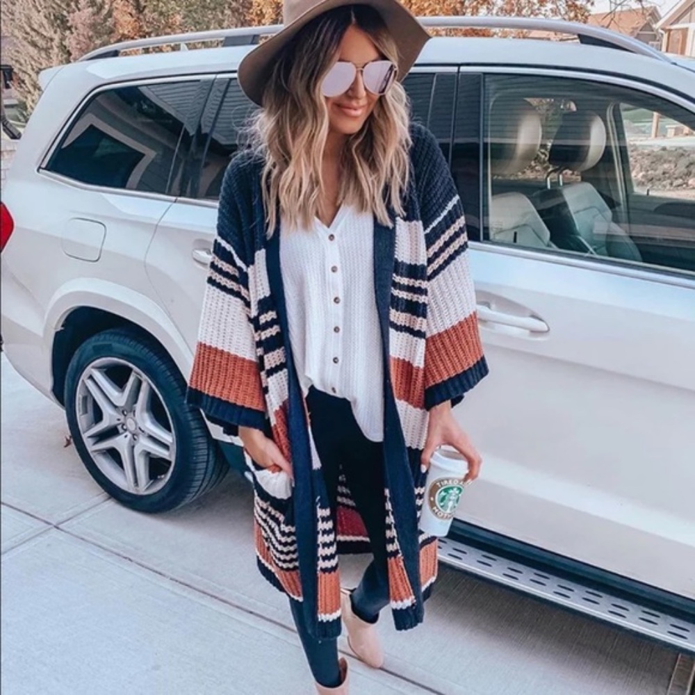 Color block knit stripes open front camel cardigan